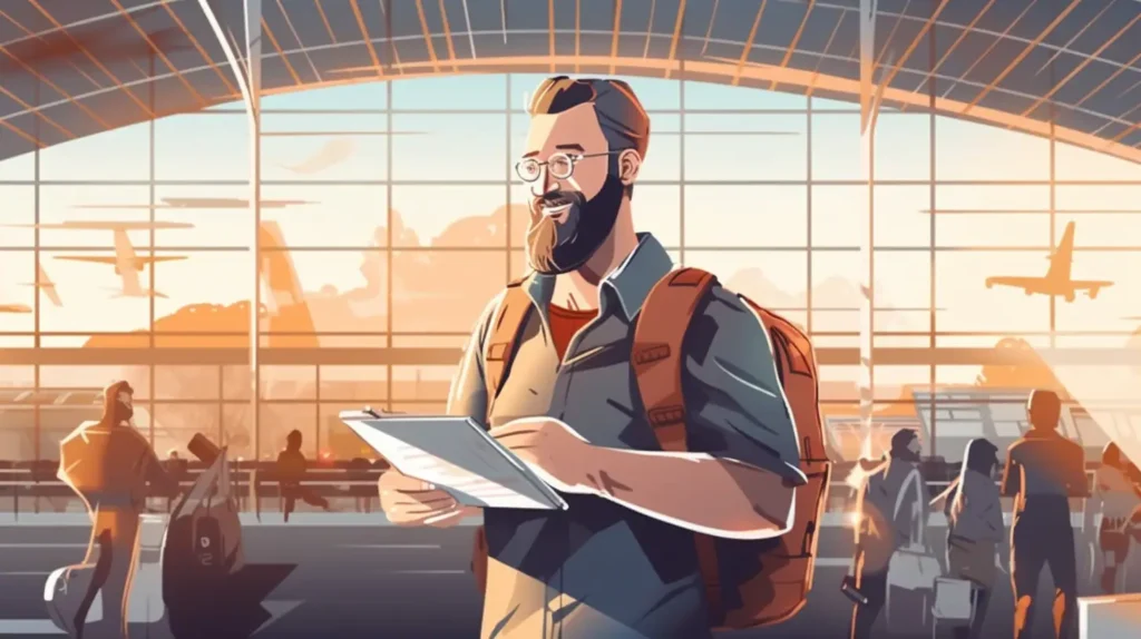 Traveler smiling with travel documents and insurance papers in hand.