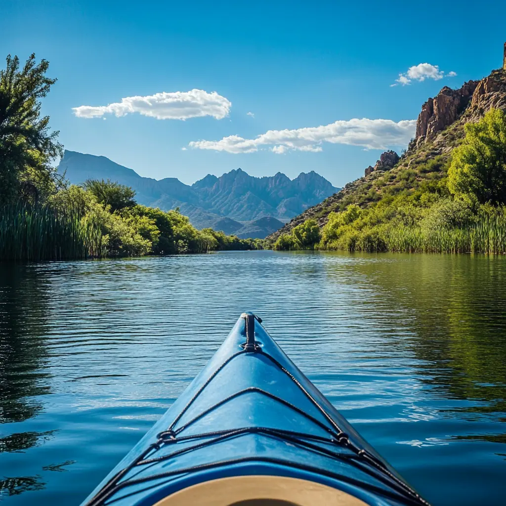 A kayak paddle across the calm waters of Patagonia Lake in Arizona, surrounded by lush vegetation and mountains, sunny afternoon, photorealistic.