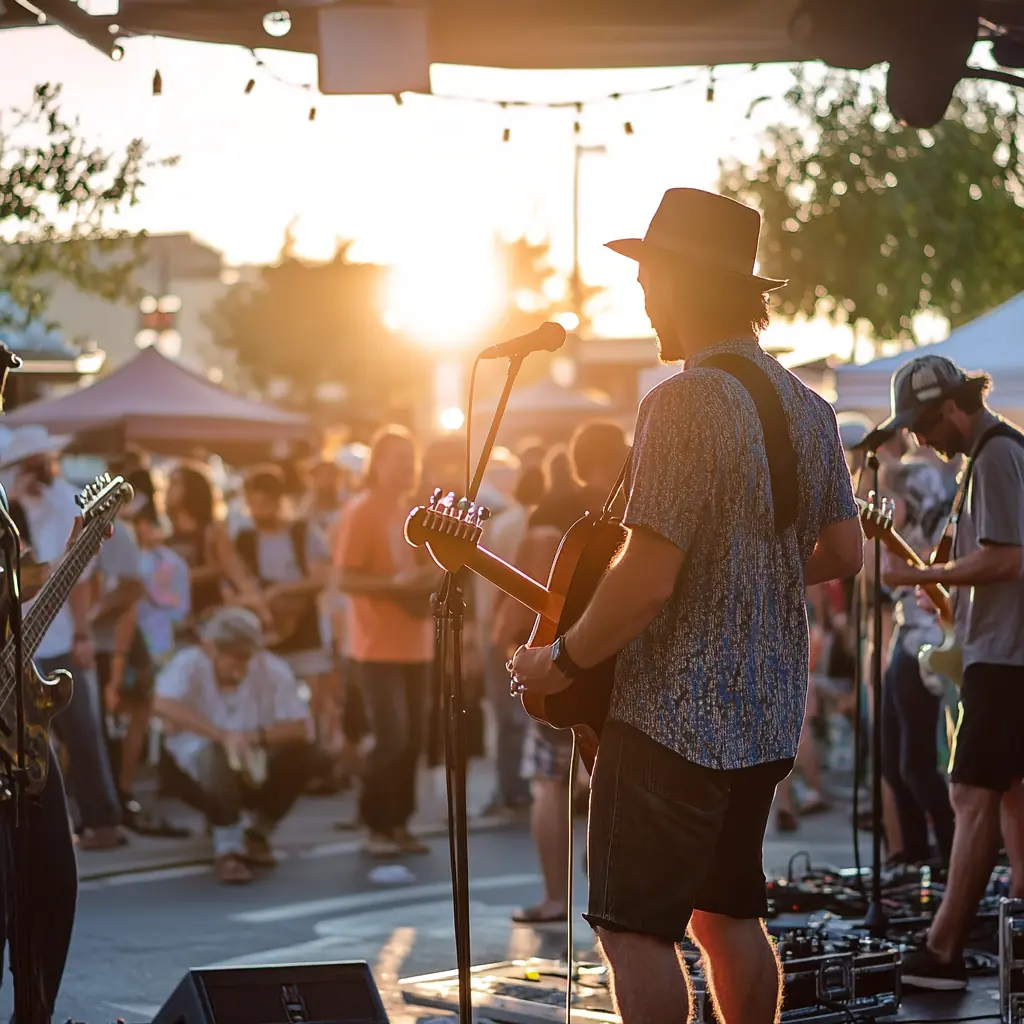 A lively live music performance at the Fremont Sunday Market, featuring a local band playing upbeat tunes with an enthusiastic crowd enjoying the show, evening setting, photorealistic.