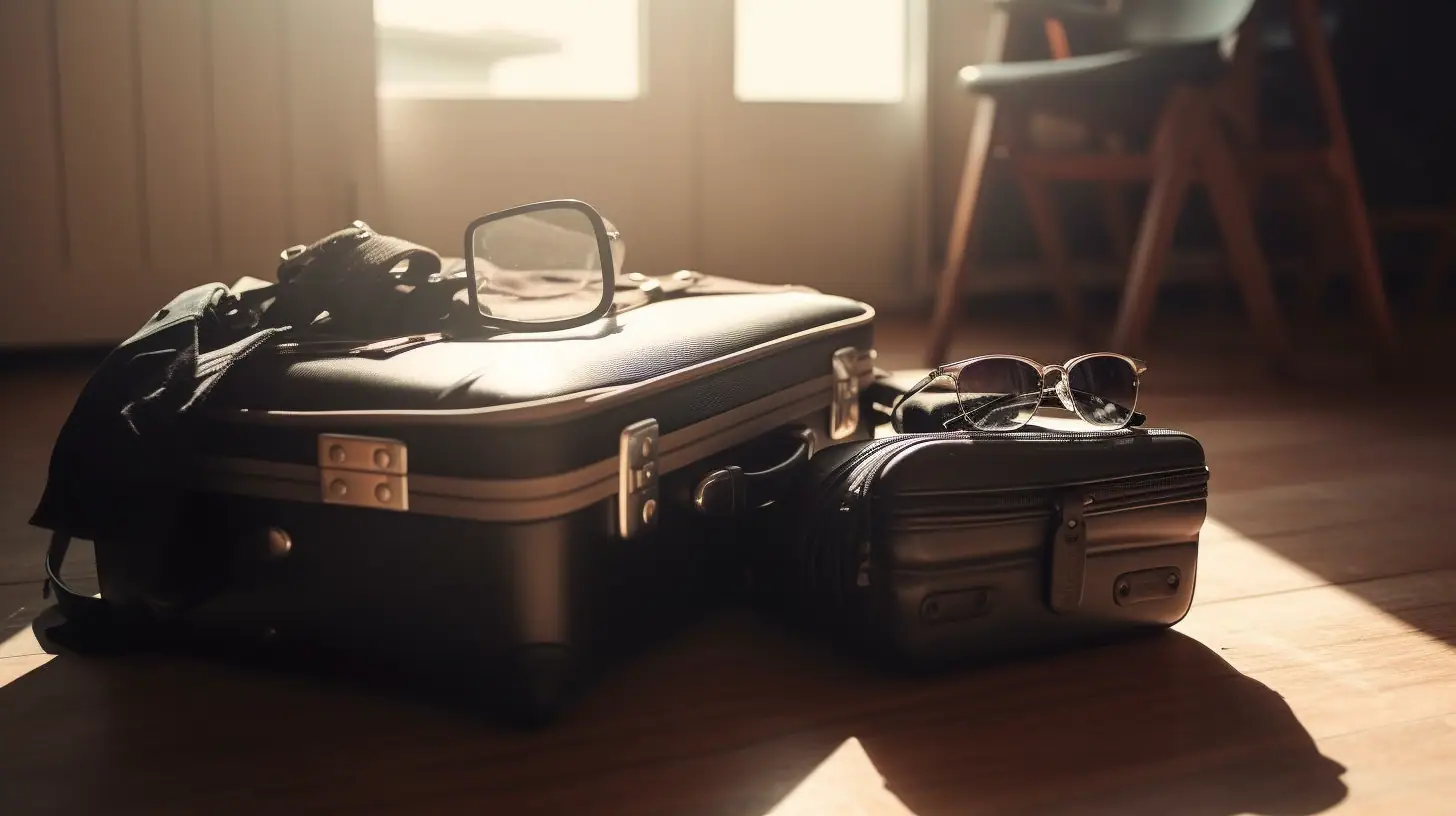 A suitcase filled with travel essentials like a passport, map, sunglasses, and packing cubes, placed on a wooden floor.