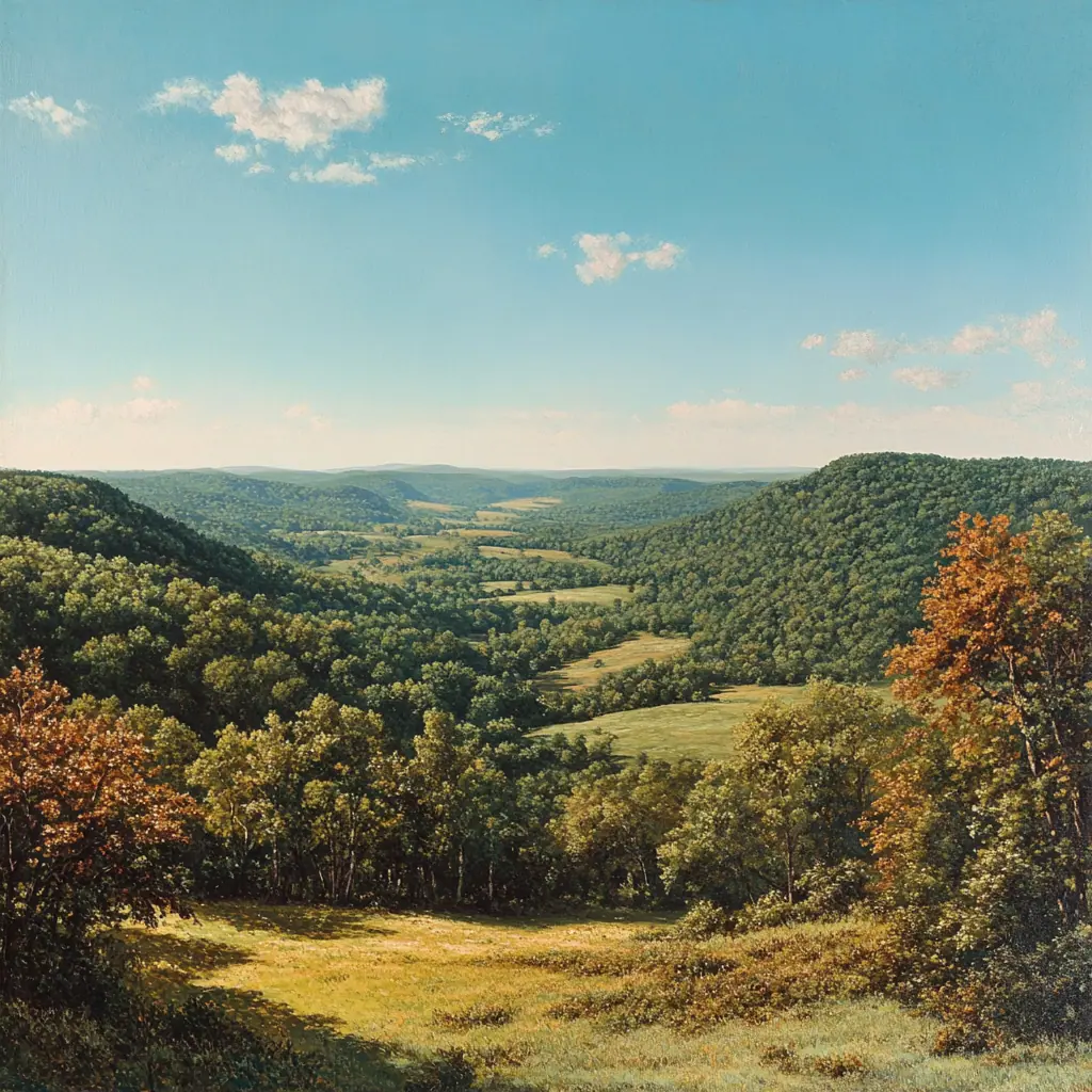 A panoramic view of the Forest, showcasing dense woodlands, rolling hills, and a clear blue sky, vibrant colors, high resolution