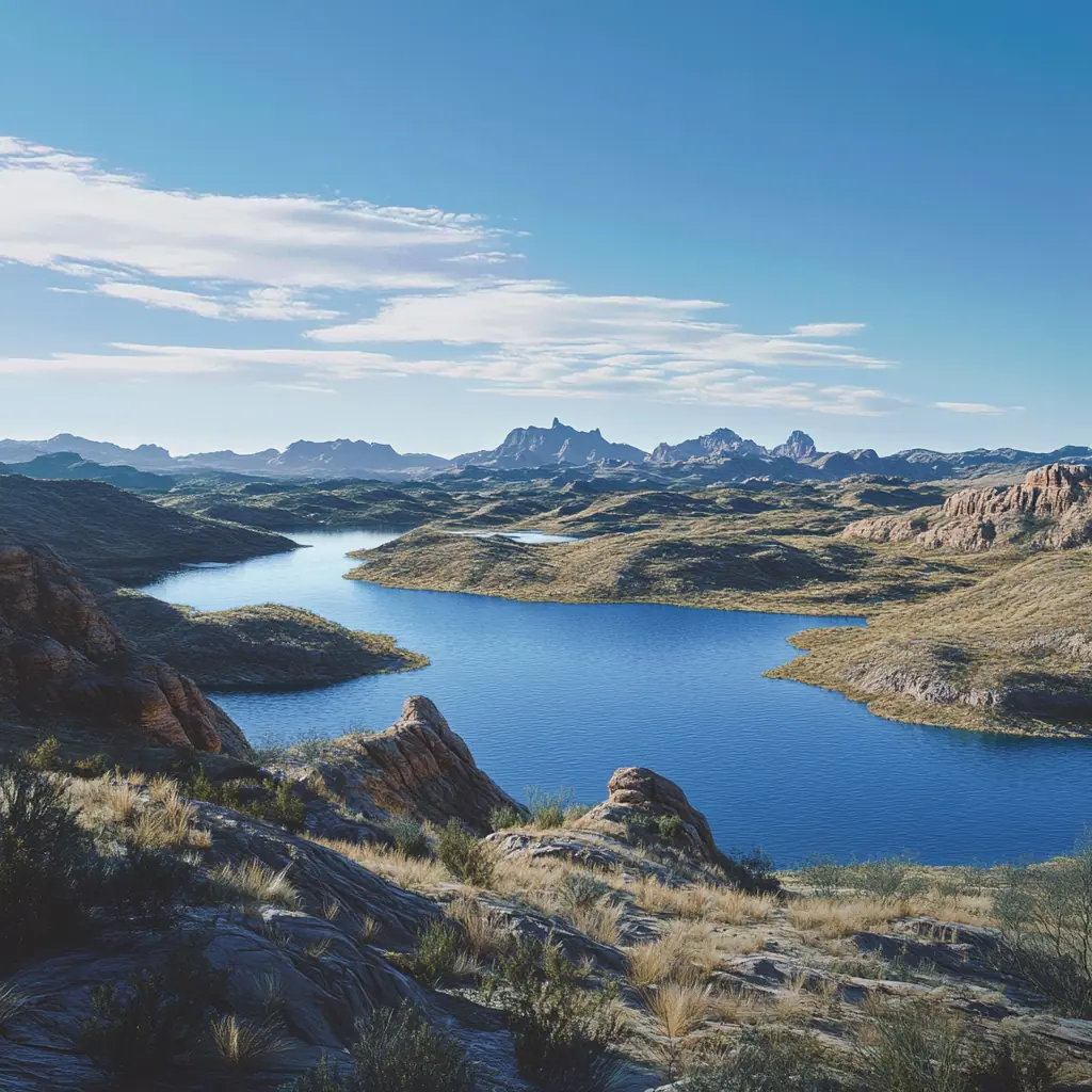 A panoramic view of Patagonia Lake in Arizona, showcasing its vast waters surrounded by desert landscapes and rolling hills under a clear blue sky, photorealistic.
