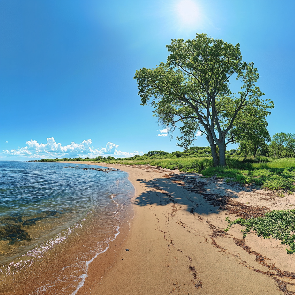 A panoramic view of Sherwood Island State Park in Connecticut, showcasing its expansive beaches, lush greenery, and scenic shoreline under a clear blue sky, photorealistic.