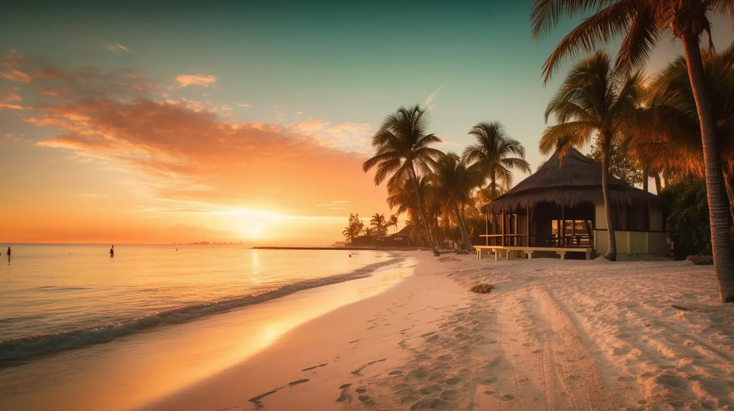 A couple walking hand-in-hand on a white sandy beach during sunset, with calm turquoise water and swaying palm trees in the background.