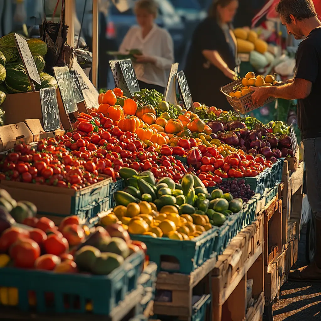 A vendor at the Fremont Sunday Market displaying fresh fruits, vegetables, and organic products, with colorful produce neatly arranged and customers selecting items, daytime, photorealistic.