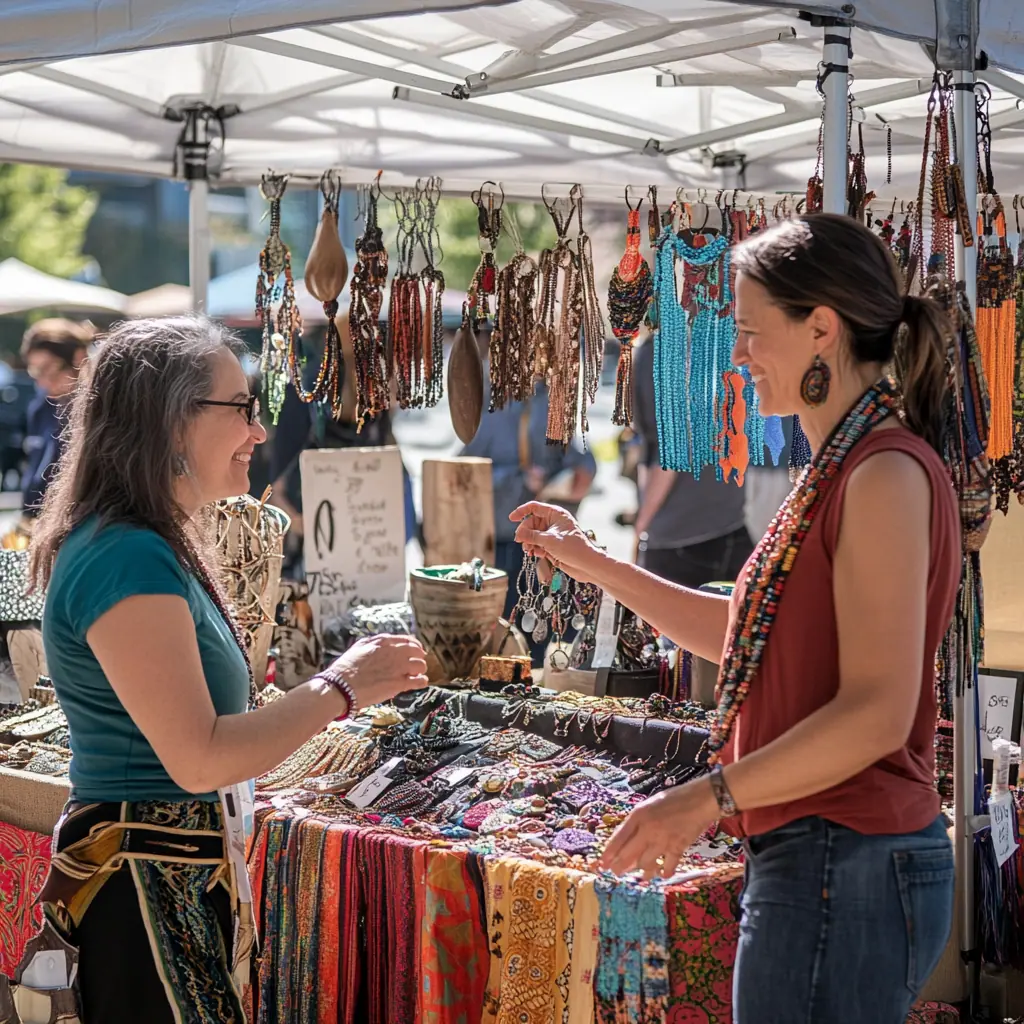 A vibrant vendor stall at the Fremont Sunday Market showcasing handmade jewelry, pottery, and textiles, with artisans interacting with customers, sunny day, photorealistic.