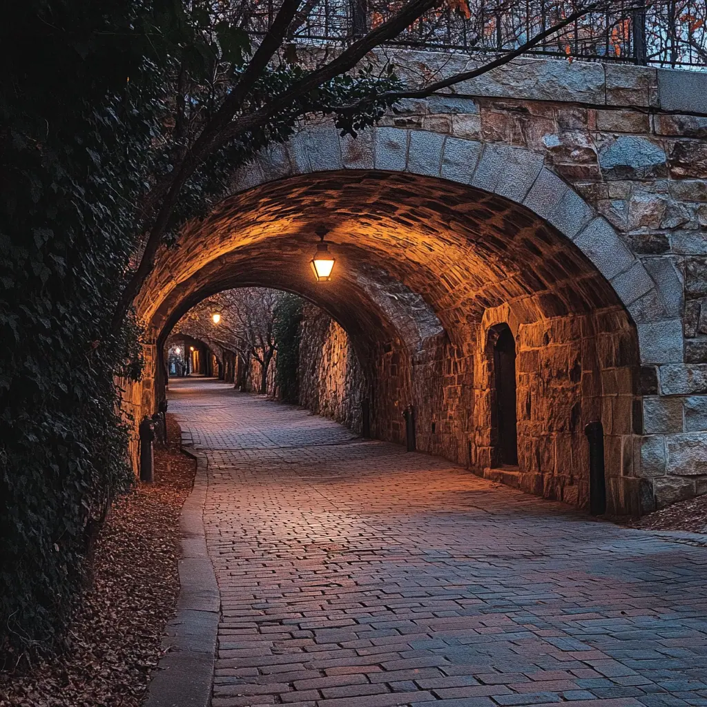 A beautiful view of the historic Dupont Circle underground tunnels, showcasing the cobblestone pathway illuminated by vintage lamps, a key attraction in the Washington DC underground museum.