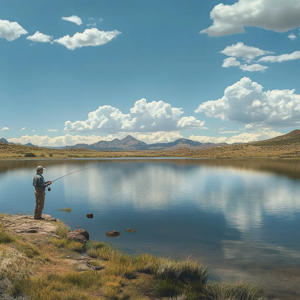 An angler casting a line into Patagonia Lake in Arizona, with serene water and distant mountains in the background, sunny day, photorealistic