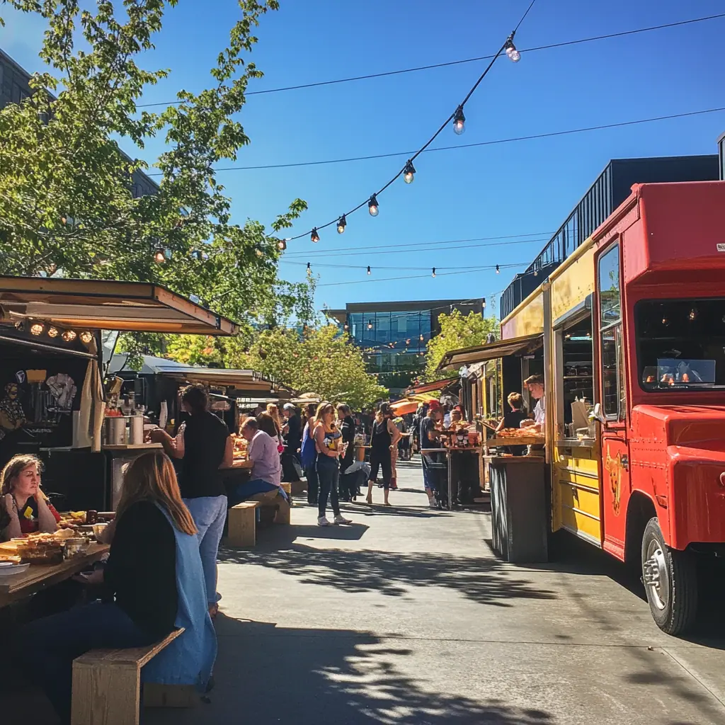 An array of food trucks at the Fremont Sunday Market offering diverse culinary options, with people enjoying delicious street food and sitting at outdoor seating areas, sunny day, photorealistic.