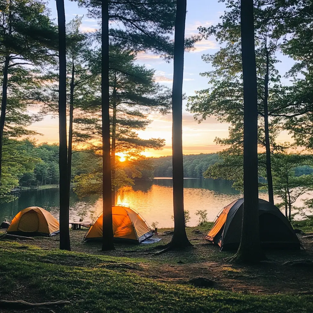 Family camping site in the National Forest with tents set up near a serene lake, surrounded by tall trees during sunset, peaceful atmosphere.