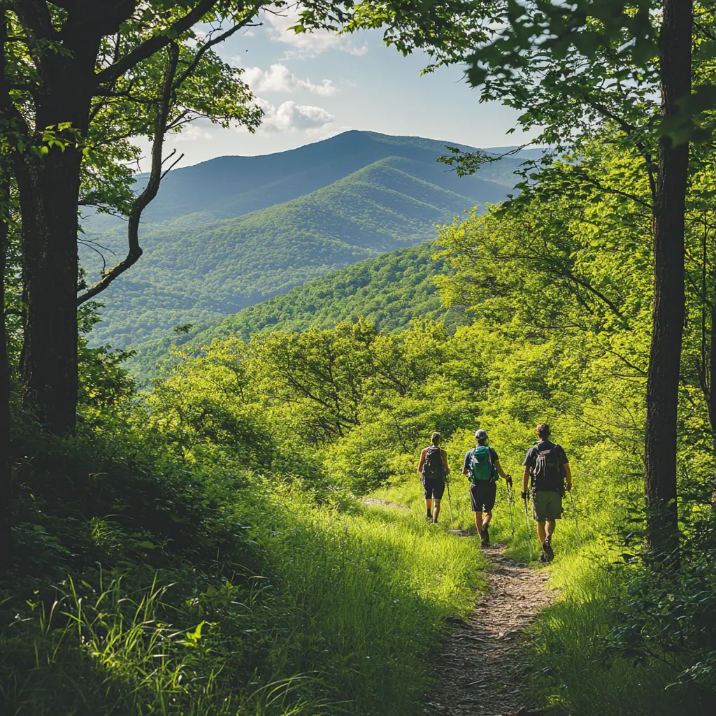 Hikers trekking along a scenic trail in the National Forest, with mountain backdrop and lush greenery, bright and inviting.