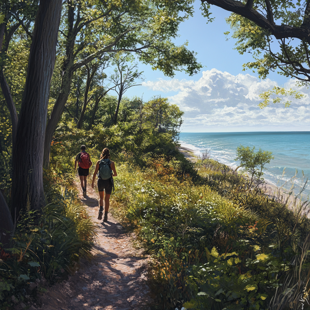 Hikers trekking along a scenic trail in Sherwood Island State Park, surrounded by lush vegetation and the coastline, bright daylight, photorealistic.