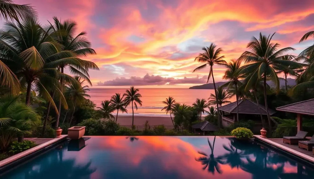 Infinity pool at a Costa Rican beach resort with palm trees and a vibrant sunset reflecting on the water.