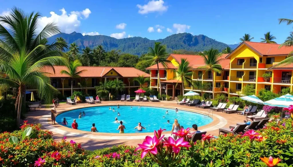 Colorful Costa Rican resort with a central pool, tropical gardens, and mountain views.