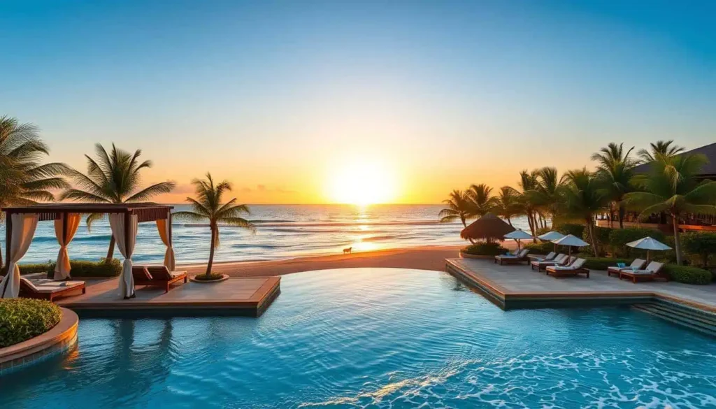 Beachfront resort in Costa Rica featuring an infinity pool, cabanas, and palm trees at sunrise.