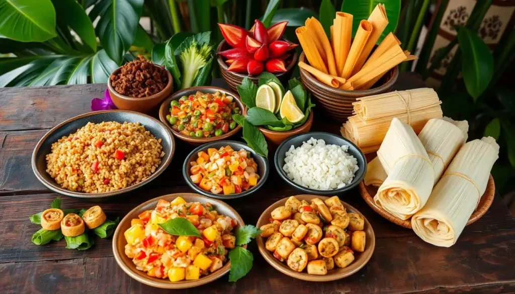 A beautiful display of Costa Rican tamales with fresh vegetables, grains, and traditional accompaniments on a wooden table.