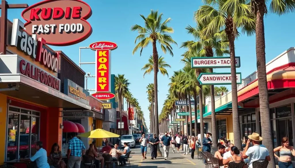 Palm tree-lined street with vibrant fast food restaurants and outdoor seating in Hollywood