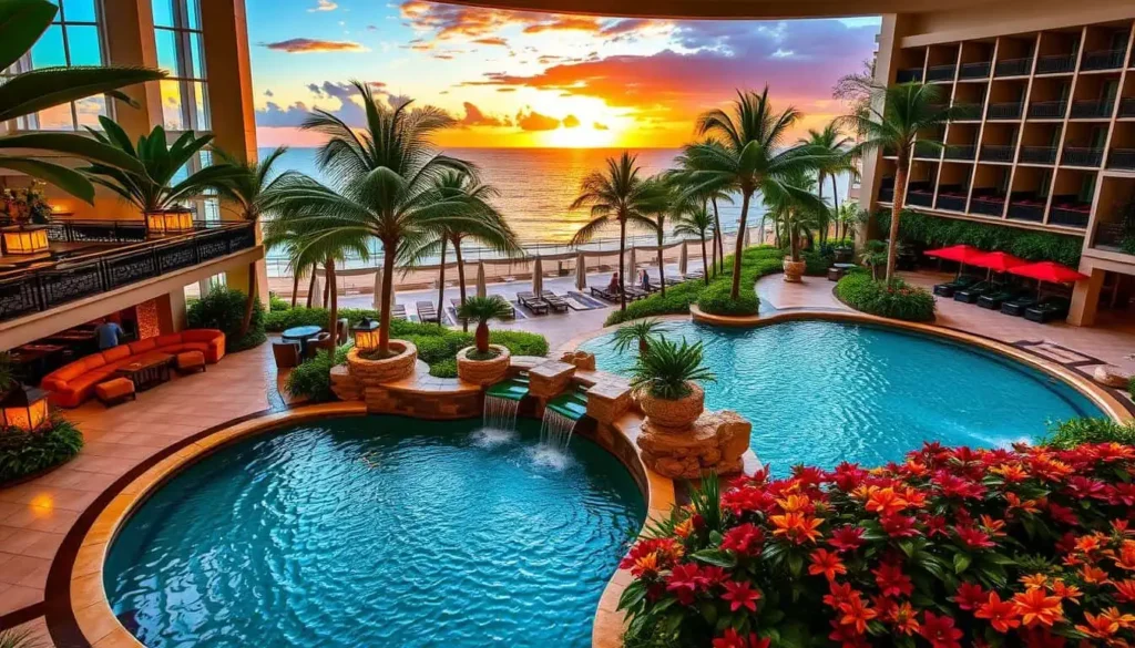 Luxury hotel lobby with tropical decor, overlooking the ocean at sunset, featuring a large pool and vibrant flowers.