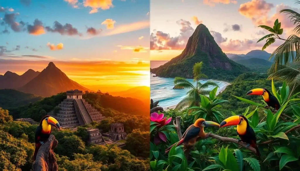 Side-by-side comparison of Guatemala’s pyramids and Costa Rica’s beaches with vibrant toucans in lush greenery