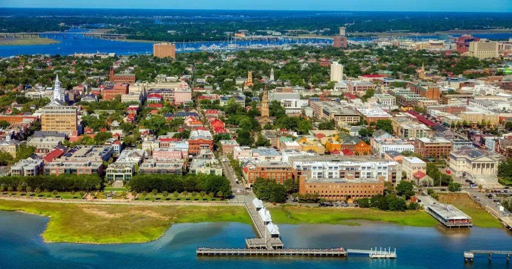 Aerial view of Charleston's vibrant cityscape by the harbor