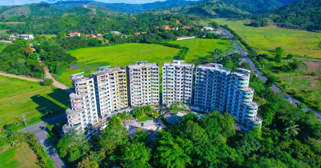 Aerial view of the iconic Croc’s Resort and Casino surrounded by greenery in Jaco, Costa Rica.