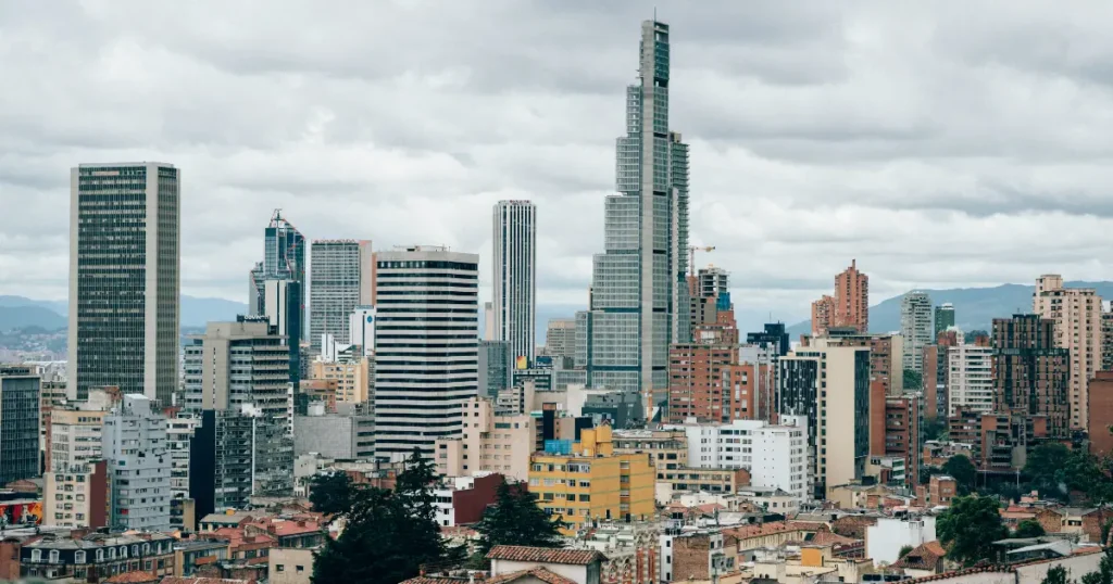 Bogota's iconic skyline featuring modern skyscrapers and city buildings.