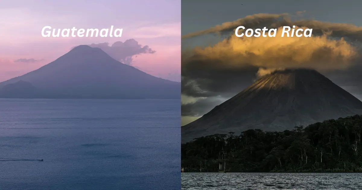 Side-by-side collage of a volcano in Guatemala during sunset and a volcano in Costa Rica under dramatic clouds.