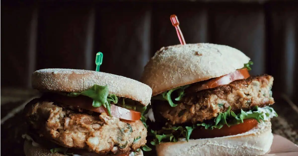 Two gourmet fast food burgers with lettuce, tomato, and toothpicks on a rustic background