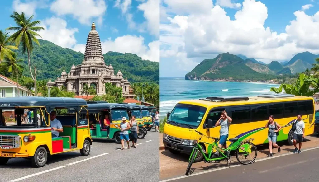 Comparison of colorful tuk-tuks in Guatemala and a yellow minibus by the beach in Costa Rica.