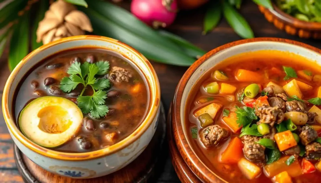 Two bowls of traditional Costa Rican soups, one with black beans and avocado, and the other a hearty vegetable stew with vibrant ingredients.