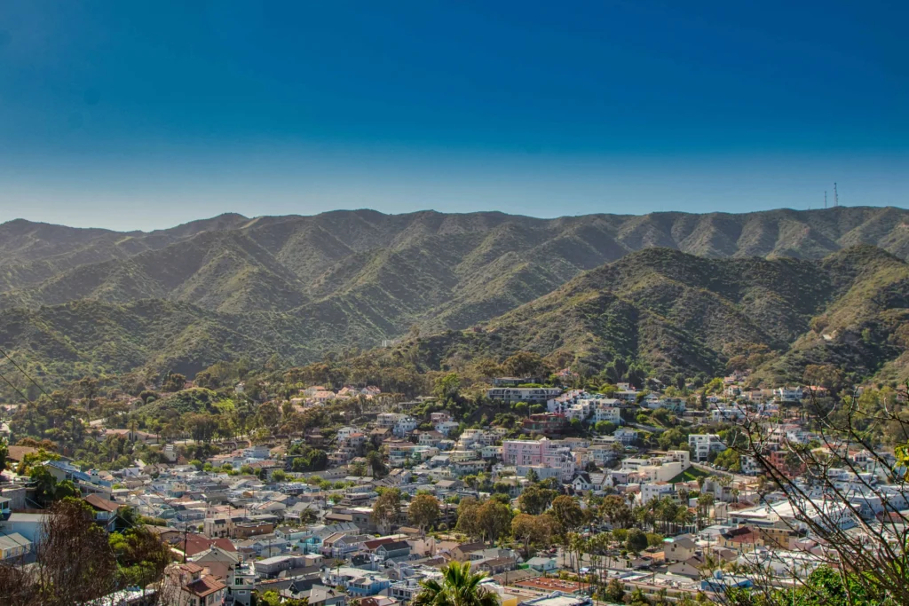 Avalon city view with lush hills in the backdrop on Catalina Island.