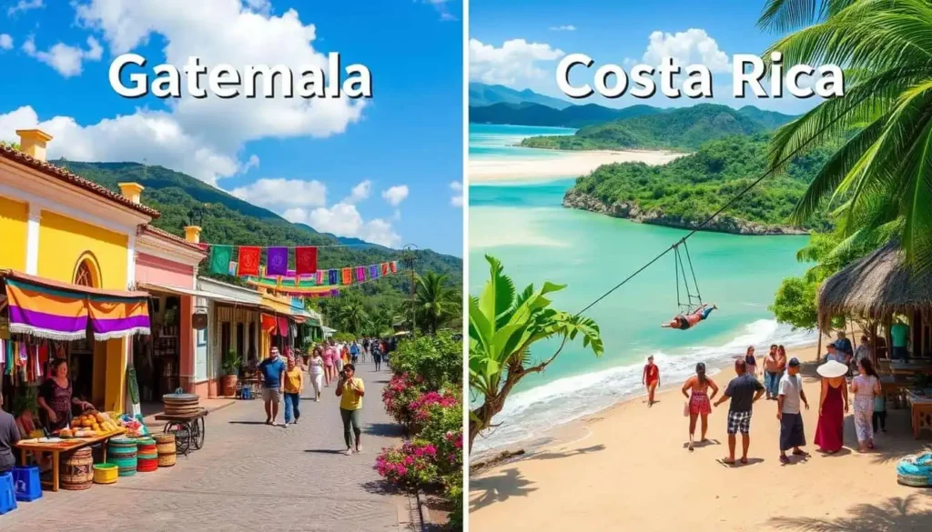 Side-by-side view of a vibrant Guatemalan market street and a serene Costa Rican beach with a rope swing