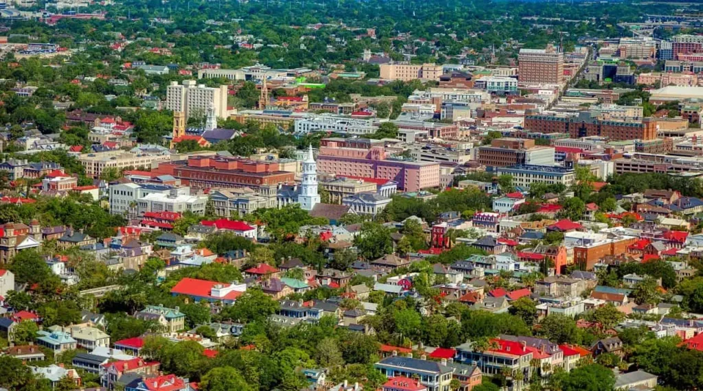 Panorama of downtown Charleston showcasing historic buildings and greenery