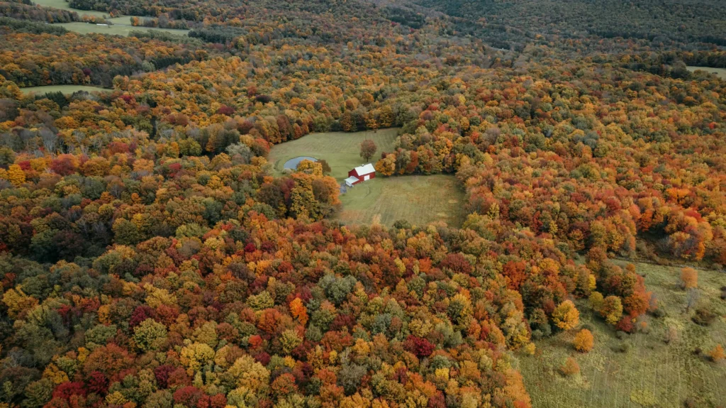 A red barn surrounded by a vibrant forest of autumn foliage in a peaceful countryside setting as one of the best weekend trips from nyc