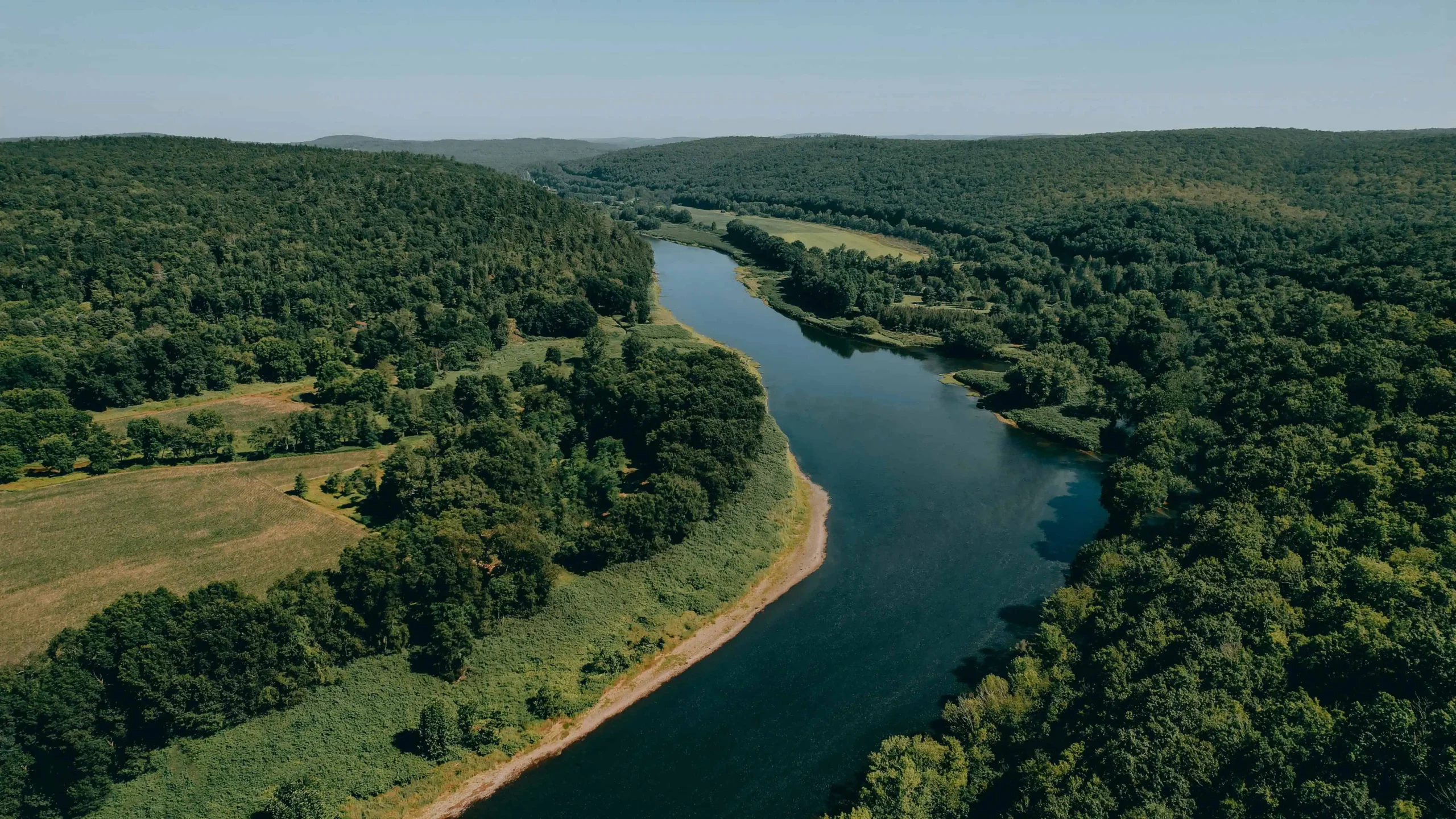 Scenic aerial view of the Delaware River in New Hope, PA, surrounded by lush greenery.