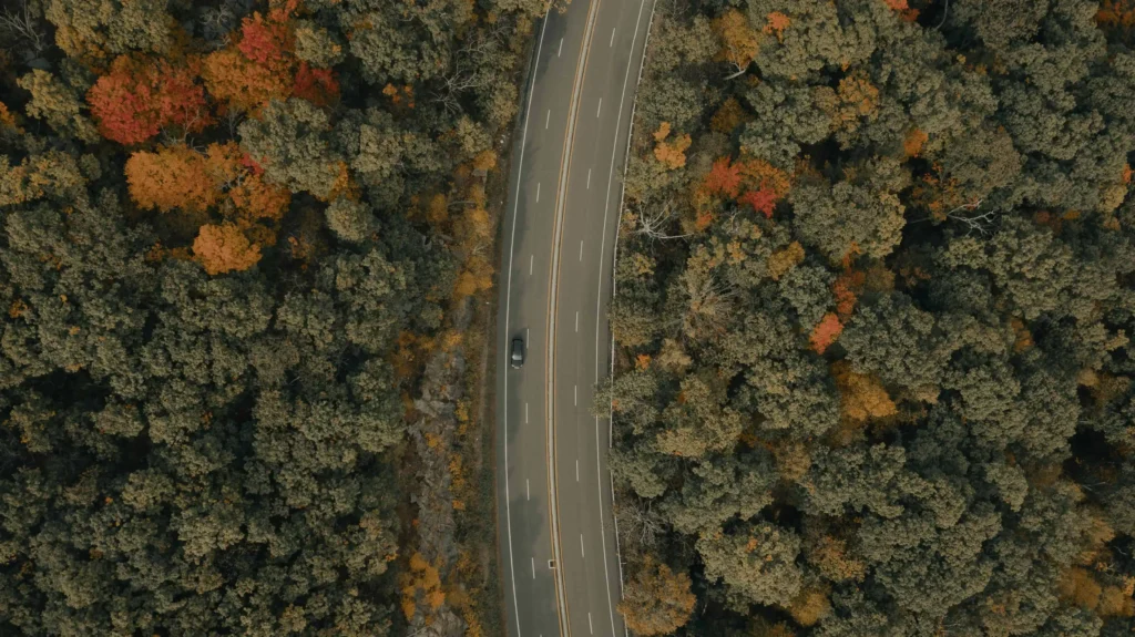 Aerial view of a car driving on a winding road through a dense forest filled with autumn colors as one of the best weekend trips from nyc