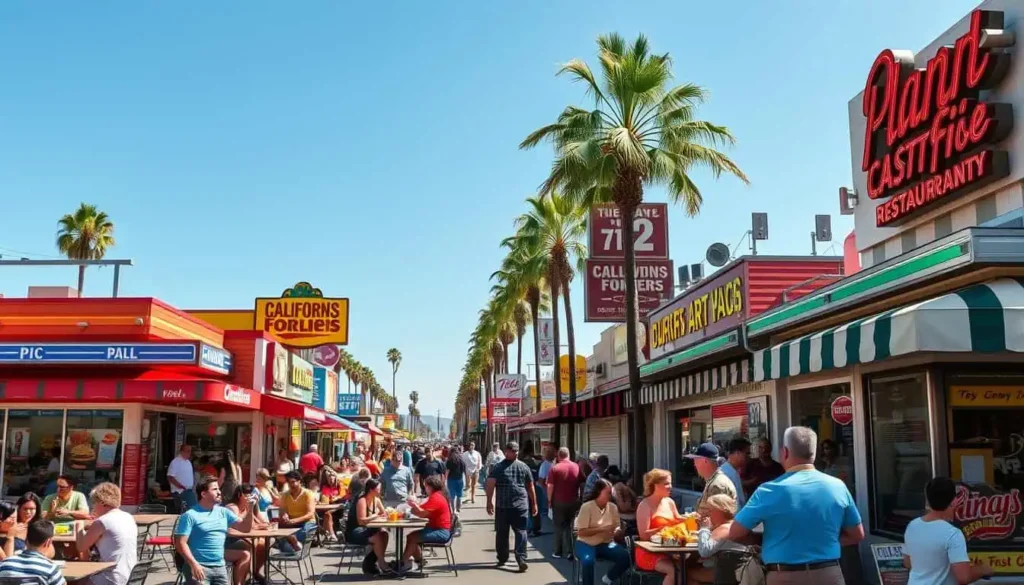 Street view of California fast food restaurants with outdoor dining and a crowd enjoying the atmosphere