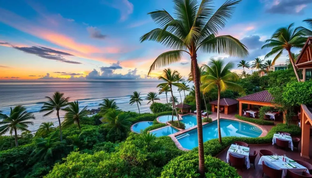 Luxury resort in Costa Rica with pools, dining areas, and palm trees overlooking a stunning ocean sunset