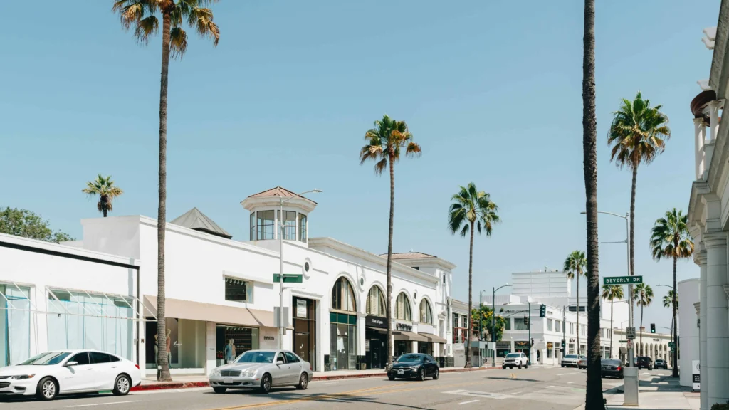 Beverly Drive in Beverly Hills with palm trees, cars, and upscale boutiques.