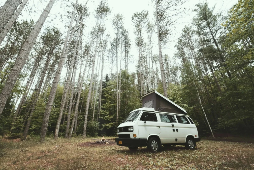 A white camper van parked in a tall pine forest, surrounded by nature and a small campfire.