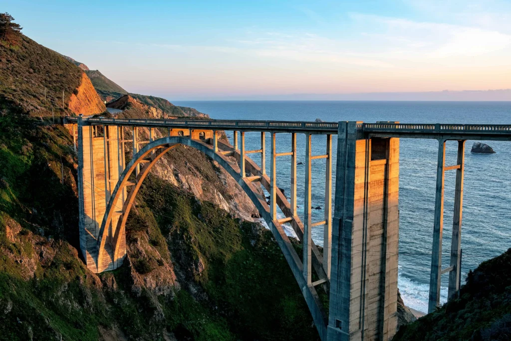 Close-up view of Bixby Bridge in Big Sur with the ocean in the background.