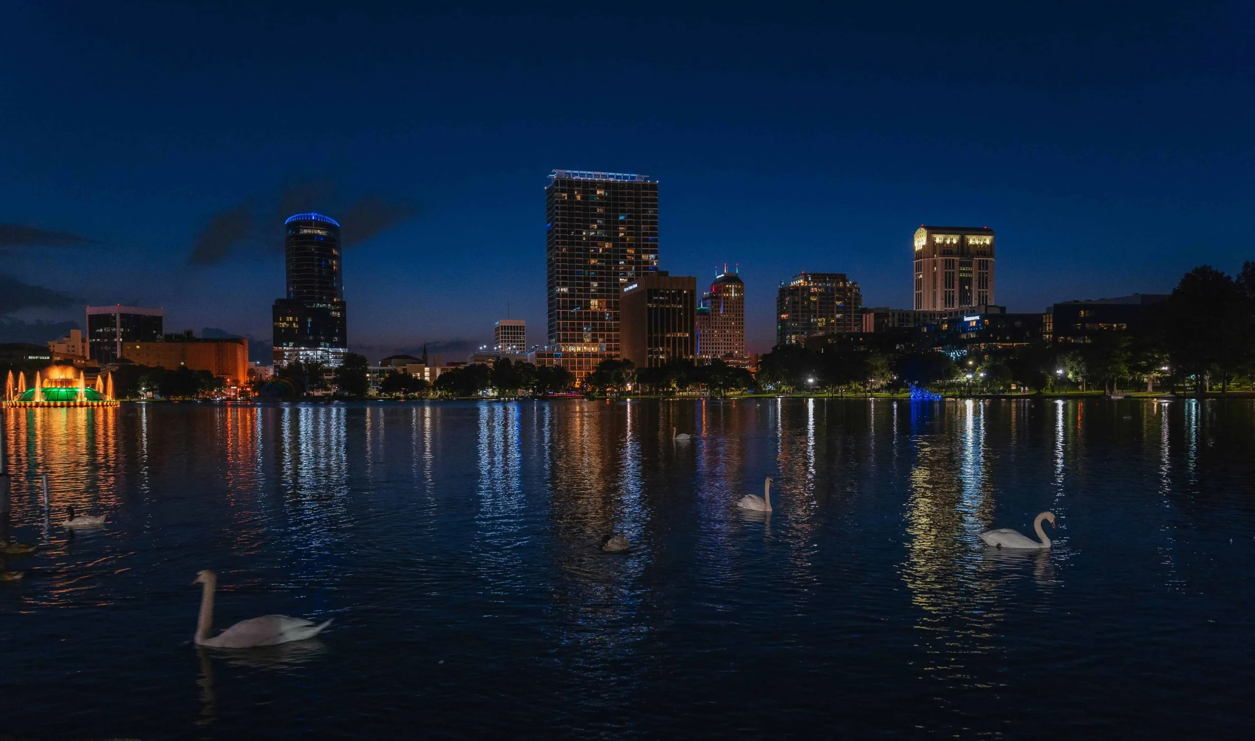 A serene nighttime view of Lake Eola Park in Orlando, featuring city skyline reflections on the water and swans gliding across the lake.