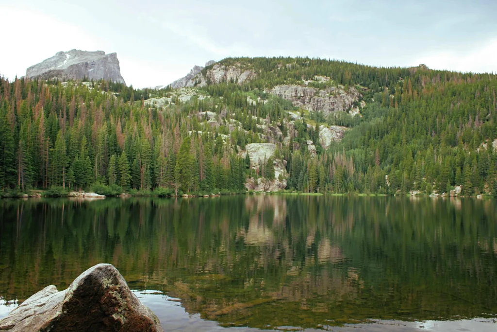 A glass-like lake reflecting the towering trees and rocky cliffs in Cody, Wyoming.