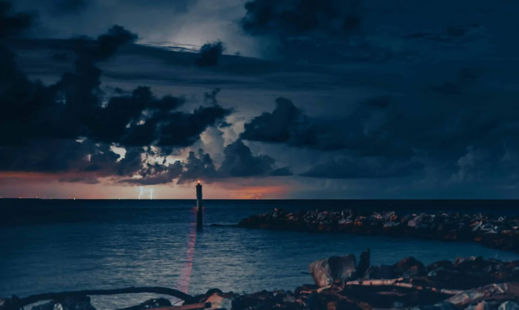 A dramatic view of storm clouds and lightning over the Gulf of Mexico at Dauphin Island.