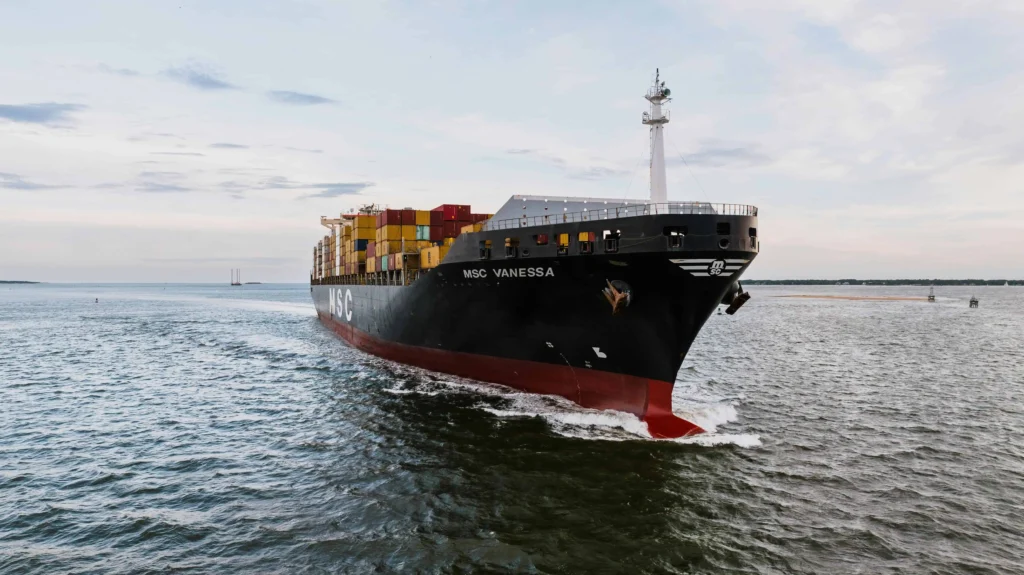 A cargo ship named MSC Vanessa sailing in Charleston Harbor.