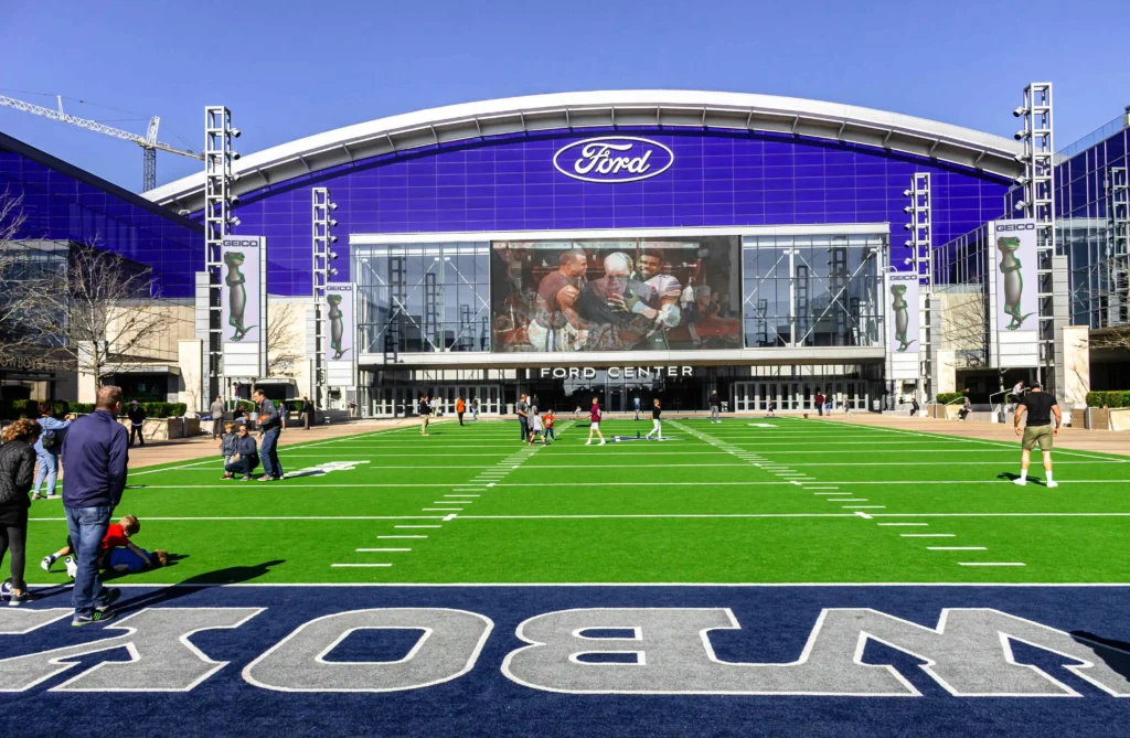 The Star in Frisco with fans gathered on the Dallas Cowboys practice field