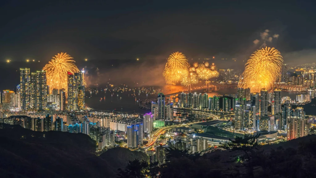 Busan's annual fireworks festival lighting up the night sky with colorful displays.