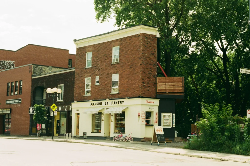 Vibrant Montreal street with boutique stores and quaint cafés.