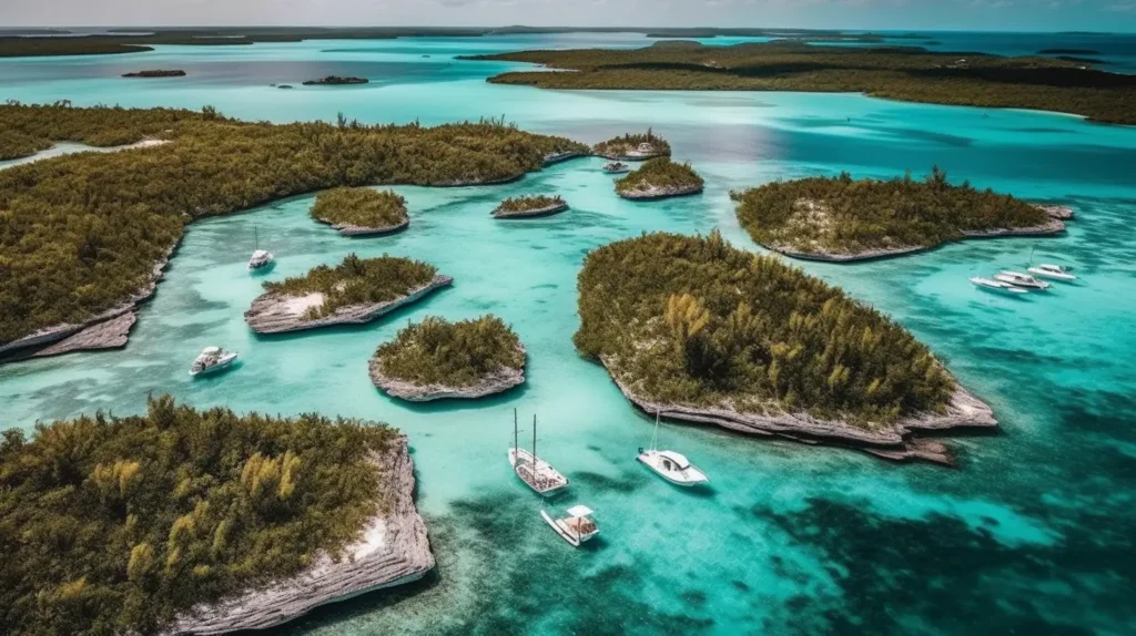 An aerial view of Cat Island in the Bahamas, featuring white sand beaches, turquoise waters, and lush greenery.