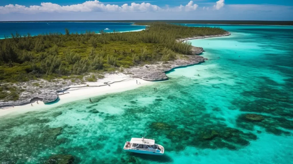 A stunning aerial view of Half Moon Cay with turquoise waters, white sand beaches, and tropical foliage.